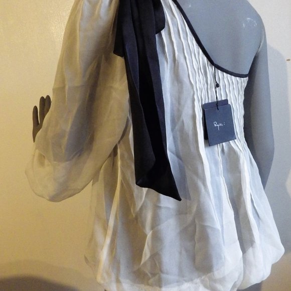 Romantic RYU Blouse One-Shoulder Anthropologie Sheer Cream over Black MED - Picture 4 of 4